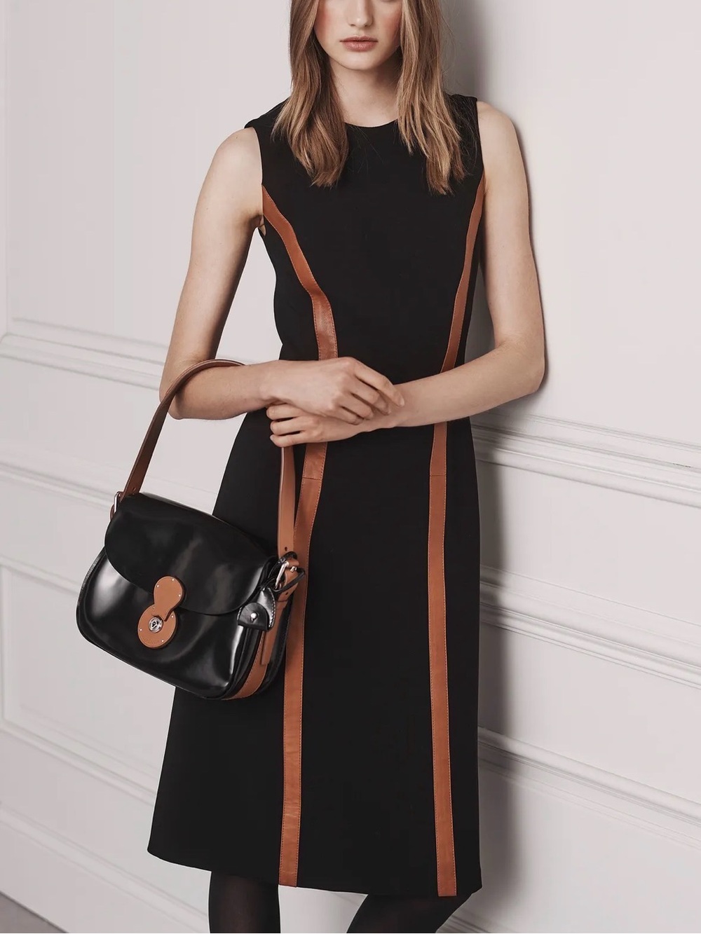 Ralph Lauren Collection Caitlin Black Sleeveless Tan Leather Detail Dress size 0